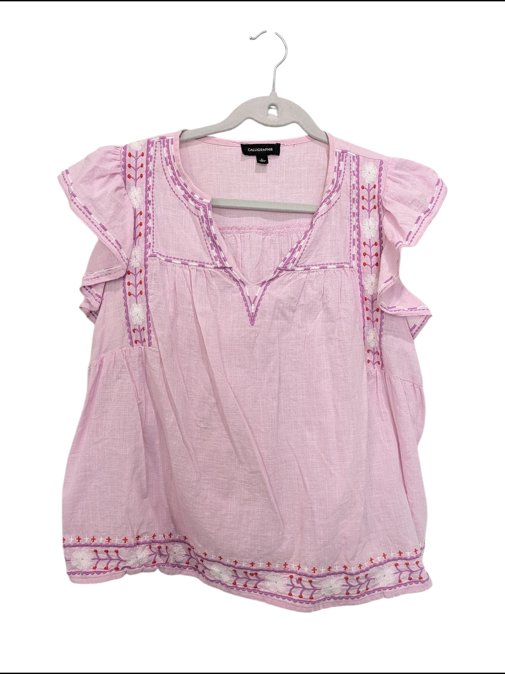 Anthropology Calligraphie Pink Embroidered Boho Blouse Flutter Sleeve Cotton L